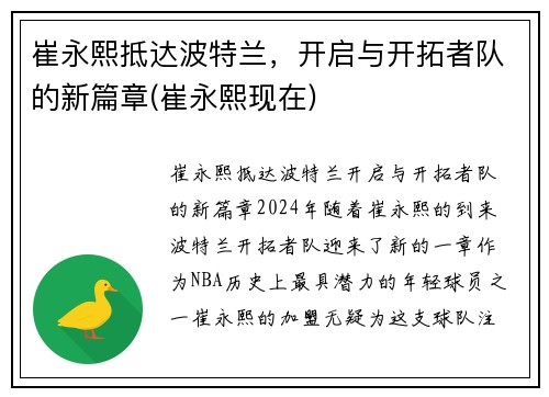 崔永熙抵达波特兰，开启与开拓者队的新篇章(崔永熙现在)