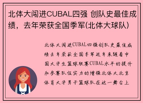北体大闯进CUBAL四强 创队史最佳成绩，去年荣获全国季军(北体大球队)