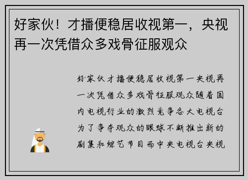 好家伙！才播便稳居收视第一，央视再一次凭借众多戏骨征服观众