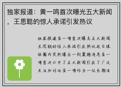 独家报道：黄一鸣首次曝光五大新闻，王思聪的惊人承诺引发热议
