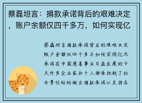 蔡磊坦言：捐款承诺背后的艰难决定，账户余额仅四千多万，如何实现亿元承诺？