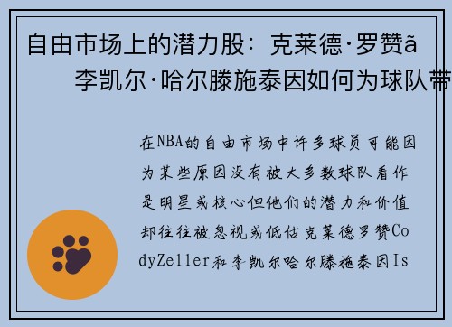 自由市场上的潜力股：克莱德·罗赞、李凯尔·哈尔滕施泰因如何为球队带来惊喜？