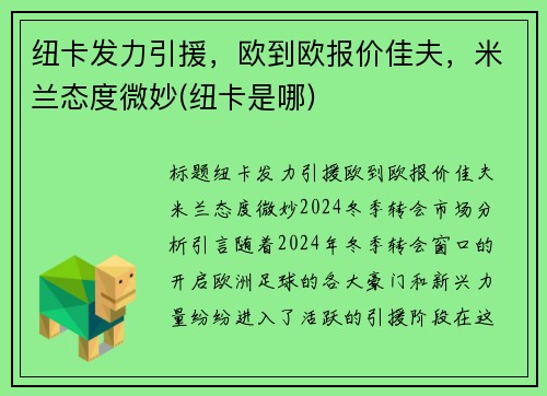 纽卡发力引援，欧到欧报价佳夫，米兰态度微妙(纽卡是哪)