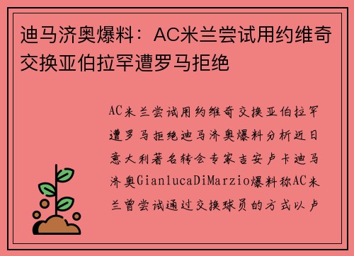 迪马济奥爆料：AC米兰尝试用约维奇交换亚伯拉罕遭罗马拒绝
