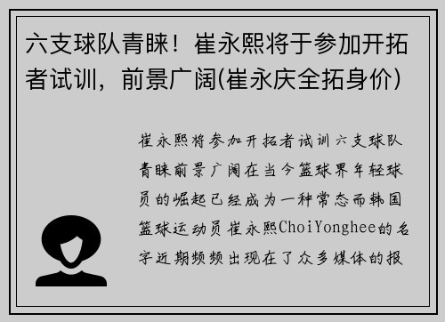 六支球队青睐！崔永熙将于参加开拓者试训，前景广阔(崔永庆全拓身价)