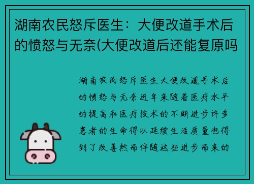 湖南农民怒斥医生：大便改道手术后的愤怒与无奈(大便改道后还能复原吗)