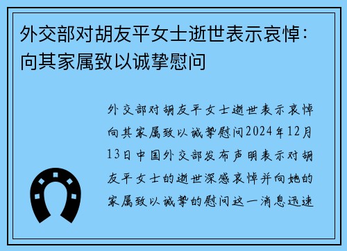 外交部对胡友平女士逝世表示哀悼：向其家属致以诚挚慰问